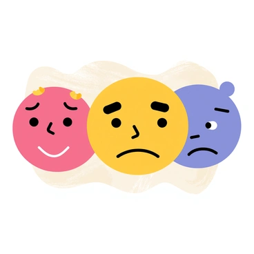 A series of overlapping faces, each with distinct expressions. One face shows a wide smile, another has raised eyebrows with a surprised look, and a third displays a frown. The faces are drawn in a colorful, cartoonish style, with each face featuring bold outlines and vivid colors. The background is filled with soft, wavy lines that enhance the sense of movement and interaction between the faces.