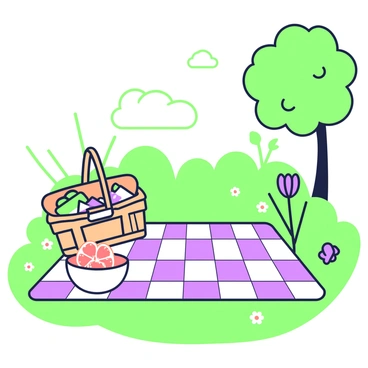 A picnic scene is set in a lush green park. In the center, there is a large checkered blanket spread out on the grass. A woven picnic basket sits on one corner of the blanket, partially open, revealing colorful food items. Next to the basket, there is a white bowl filled with fresh peeled grapefruit segments, glistening with moisture. Surrounding the blanket, there are scattered wildflowers and a few small trees providing shade, while soft sunlight filters through the leaves.
