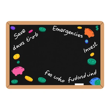 A large black chalkboard covered with neatly handwritten financial tips and advice in white chalk. The tips include phrases like "Save for emergencies" and "Invest for the future," each in clear, legible writing. Surrounding the chalkboard are vibrant illustrations of coins, piggy banks, and dollar signs in various colors, adding a lively feel to the composition. The chalkboard is mounted on a wooden frame, and the illustrations appear to be drawn in a playful, cartoonish style.