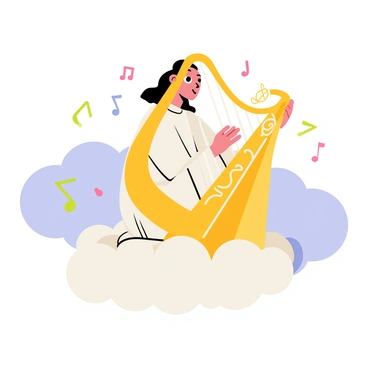 A saint with a serene expression is seated on a cloud, playing a golden harp. The harp has intricate designs and glows softly as the saint strums its strings. Musical notes are depicted as colorful symbols floating through the air, surrounding the saint and creating a sense of harmony. The background features a soft blue sky with fluffy white clouds, enhancing the peaceful atmosphere. The saint is wearing flowing robes that billow gently, and a gentle light radiates from the harp, illuminating the scene.