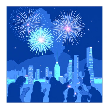A blue night sky is illuminated by a vibrant display of fireworks bursting in various shapes and colors. The bright explosions create a dynamic contrast against the darkness above the city skyline, which is filled with tall, modern buildings. The reflections of the fireworks shimmer on the glass surfaces of the skyscrapers, adding to the spectacle. Below, the streets are bustling with people who are looking up in awe, some pointing and others taking pictures. Each firework leaves a trail of sparkling light as it explodes, creating an atmosphere of excitement and celebration.