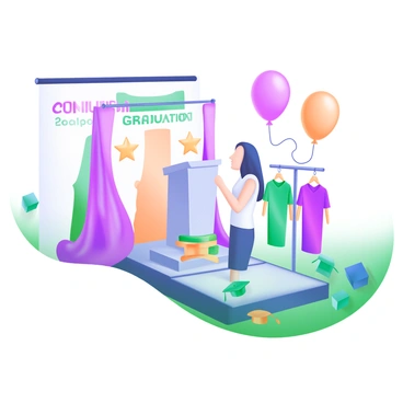 A modern pastel illustration depicting an event planner organizing a graduation ceremony. The planner is standing next to a decorated stage set up for speeches, with a podium at the center. Surrounding the stage are colorful graduation caps scattered on the ground, and several gowns in vibrant hues hanging nearby. In the background, balloons and banners that say "Congratulations Graduates" are prominently displayed, adding a festive atmosphere to the scene.