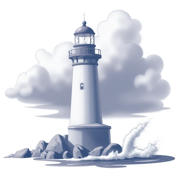 A tall lighthouse stands on a rocky shoreline, its structure robust and well-defined. The lighthouse features a circular body with a prominent dome at the top, housing a lantern. Surrounding the lighthouse, dark, stormy clouds dominate the sky, creating a dramatic atmosphere. Waves crash against the rocks at the base, showing the power of the storm. The scene captures the essence of the lighthouse as a beacon of hope amidst the turbulent environment.