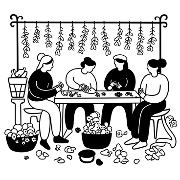 Artisans are seen sitting at a wooden table, skillfully crafting "jasmine flower garlands" in a bustling flower market. Each artisan is focused on stringing delicate "jasmine flowers" onto thin strands of thread. Surrounding them are vibrant displays of various flowers, with baskets filled with "jasmine" alongside other blossoms. Some artisans are creating intricate patterns, while others are tying the garlands into loops. The scene is filled with various tools and materials used for garland making, creating an atmosphere of craftsmanship and tradition.