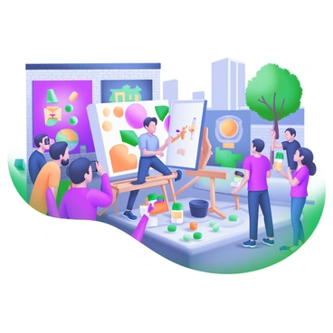 A vibrant street scene featuring a "talented street artist" in the midst of a "live painting session." The artist is focused on a large canvas, surrounded by an array of colorful paint tubes and brushes. Crowds of people gather around, some watching intently, while others are taking photos. The environment is filled with urban elements, such as brick walls and pavement, with hints of greenery from nearby trees. Colorful murals and street art can be seen in the background, adding to the lively atmosphere of the street. Brightly colored clothing worn by the onlookers contrasts with the urban setting.