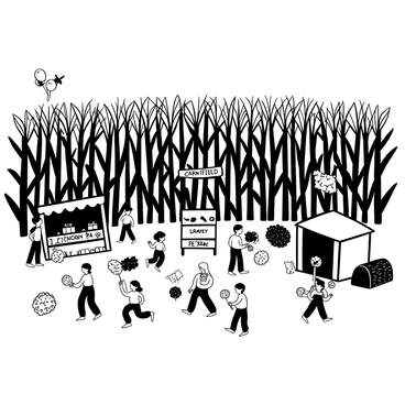 A large cornfield filled with tall corn plants creating a dense green backdrop. In the foreground, multiple colorful stalls display various products, with banners hanging above them. Families are scattered around, engaging in different games, with children running and laughing. A few people are holding balloons while others are enjoying popcorn and cotton candy. There is a wooden sign in the center with the words "Cornfield Festival" written on it. A hay bale is placed nearby, and a small stage can be seen in the distance where musicians are performing.
