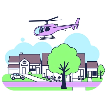 An R66 helicopter is flying overhead, showcasing its sleek design and rotor blades in motion. Below, there is a scenic suburban neighborhood with neatly arranged houses featuring front lawns and driveways. In the foreground, a tree with a green canopy stands tall, while a sidewalk winds through the neighborhood. Children can be seen playing outside, and a few cars are parked along the street. The rooftops of the houses are various shapes and sizes, creating a diverse skyline against the clear blue sky overhead.