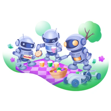 A family of robots is gathered on a green grassy area, enjoying a picnic together. The robots each have unique designs, showcasing a variety of mechanical features and colors. One robot, with a shiny blue exterior and articulated limbs, is holding a sandwich. Another robot, characterized by a round head and big expressive eyes, is pouring juice into colorful cups. A third robot, featuring a vintage design with exposed gears and copper tones, is placing a basket of fruit on a checkered blanket. Nearby, a playful small robot with wheels instead of feet is rolling around, bringing laughter to the scene. The background is filled with trees and flowers, adding life to the cheerful picnic atmosphere.