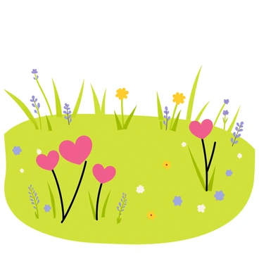 A picturesque meadow filled with vibrant green grass, dotted with a variety of wildflowers in multiple colors. Clusters of pink bleeding heart flowers are prominently peeking through the grass, their heart-shaped blossoms hanging delicately. The flowers sway gently in a light breeze, creating a lively scene. Scattered yellow and purple wildflowers add bursts of color throughout the meadow, complementing the soft, sunny atmosphere. A clear blue sky can be seen above, enhancing the cheerful feel of the landscape.