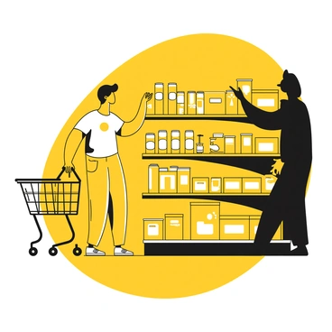 A person standing in a supermarket aisle, holding a shopping basket. The individual is examining a shelf filled with various products, including canned goods and boxes. The person is wearing casual clothing and appears focused on their selection. A shadowy figure is partially visible in the background, pointing at specific items on the shelf. The lighting in the aisle creates a contrast, highlighting the person while casting shadows from the figure.