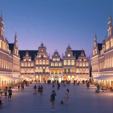 A detailed view of the Grand Place in Brussels, showcasing its ornate architecture and historic buildings. The central square is bustling with people, some sitting at outdoor cafes, while others are taking photos of the illuminated facades. The buildings, adorned with intricate carvings and gold accents, glow warmly under the evening lights. In the background, a clear twilight sky transitions from blue to deep purple, creating a vibrant backdrop for this iconic location.
