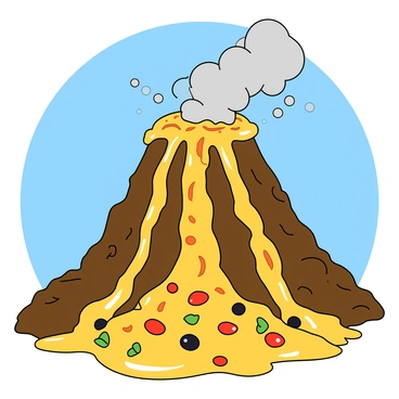 A large volcano with a rugged, rocky surface stands prominently in the center of the image. The volcano is erupting, with vibrant molten cheese flowing out instead of traditional lava. The cheese streams down the sides in thick, gooey rivers, glistening in various shades of yellow and orange. The eruption is topped with an array of colorful toppings, including red pepperoni slices, green bell pepper chunks, and black olives, creating a playful and appetizing scene. The sky above the volcano is a bright blue, contrasting with the warm colors of the cheese and toppings. Small clouds of steam rise from the volcano's crater, enhancing the dynamic nature of the eruption.
