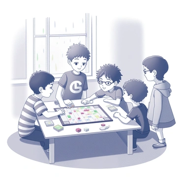 A group of children gathered around a low table, focused on a board game. There are four children: two boys and two girls. One boy has short hair and wears a striped shirt, while the other boy has curly hair and is wearing a t-shirt with a graphic print. One girl has pigtails and is dressed in a colorful dress, while the other girl has glasses and is wearing a sweater. The table is cluttered with game pieces, dice, and cards, with some snacks scattered around. Rain is visible through the window, creating a cozy indoor atmosphere. The room is decorated with drawings and toys, adding a playful ambiance.