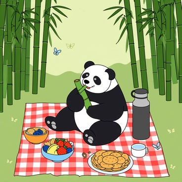 A cute panda sitting on a red and white checkered picnic blanket in a lush bamboo grove. The panda is happily munching on a bamboo shoot, surrounded by an assortment of snacks. There are small bowls filled with colorful fruits like strawberries, bananas, and blueberries, along with a plate of crunchy crackers. A large thermos sits next to the panda, with a cup beside it. Sunlight filters through the bamboo leaves, casting playful shadows on the picnic scene. Nearby, a few butterflies flutter around, adding a touch of whimsy to the setting.