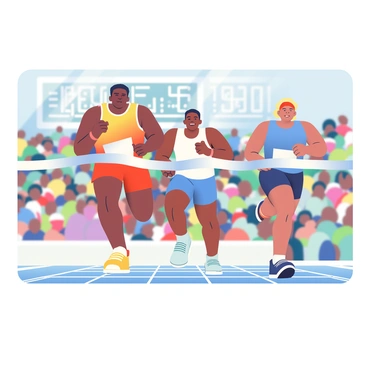 A group of sprinters is crossing the finish line in a tightly contested race. The athletes are wearing brightly colored running uniforms; the first runner has dark skin and is wearing a red jersey, while another runner, with light skin, is in a blue jersey. Their faces display intense concentration and determination. The finish line is marked with a white tape that is being broken by the lead runner. Behind them, a crowd is cheering, with colorful flags waving in the air. The background shows a stadium filled with spectators, and bright lights illuminating the track. A digital clock visible above the finish line displays the timing of the race.