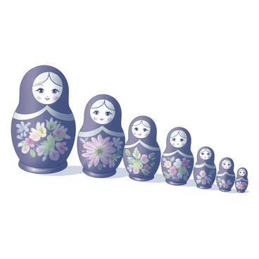 A series of matryoshka dolls, each one slightly smaller than the last, arranged in a straight line. The dolls are elaborately painted with traditional patterns, showcasing floral designs and intricate details on their surfaces. Each doll features a distinct face, complete with rosy cheeks and colorful headscarves. The dolls are made of wood, displaying a smooth, polished finish. They are positioned on a simple surface, allowing the focus to remain on their beautifully crafted designs.