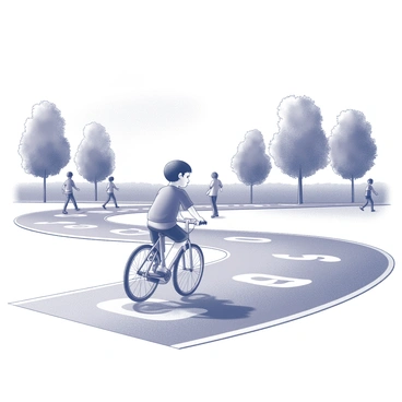 A park scene featuring a child riding a bike. The child is focused and determined, pedaling swiftly along a winding path. There are clear markings on the ground indicating the laps, with five distinct markers visible to represent the completed laps and three more ahead. In the background, trees provide a natural setting, with a few people engaging in walking or jogging along the path. The sky above is open, and the overall atmosphere captures the energy of an active day in the park.