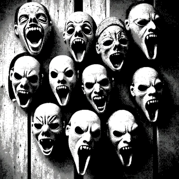 A collection of masks is hanging on a rough wooden wall. Each mask has a distinct and menacing expression, showcasing a wide range of frightening features. Some masks have exaggerated fangs and sharp edges, while others have deep-set eyes that seem to stare intensely. The textures of the masks vary, with some appearing smooth and glossy, and others rough and weathered. The arrangement of the masks creates an imposing presence, as they loom over the viewer with their haunting visages. The lighting casts dramatic shadows, enhancing the eerie atmosphere of the scene.