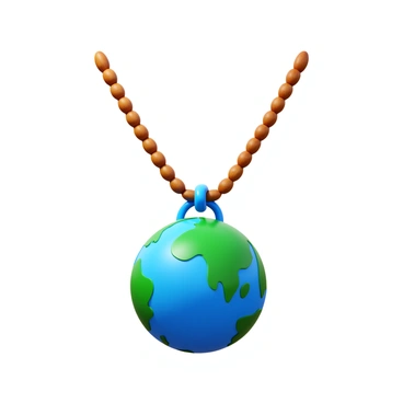 A necklace with an earthy theme featuring a globe pendant in vibrant green and blue colors. The pendant is spherical, representing Earth, with detailed topographical features. The chain is made of natural materials, such as braided leather or wooden beads, giving it an organic feel. The overall design is elegant yet simple, capturing a connection to nature. Each element of the necklace harmonizes to evoke a sense of environmental awareness and appreciation for the planet.