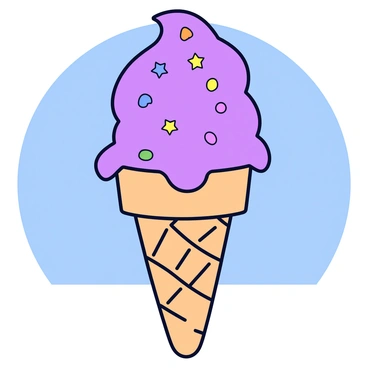 A purple ice cream cone with a smooth, creamy texture. The ice cream is perfectly swirled and overflows slightly from the top of the cone. On top of the ice cream, there is a generous amount of colorful sprinkles in various shapes and sizes, including stars and circles. The cone itself has a classic waffle texture, with a light brown color. The scene is set against a bright blue sky, suggesting a sunny summer day.