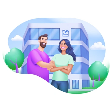 A modern pastel illustration featuring a diverse group of startup founders standing proudly in front of a contemporary office building. The founders, a man and a woman of different ethnicities, are dressed in smart casual attire. The building has large glass windows reflecting the sky and surrounding trees. In the background, a clear blue sky with a few fluffy white clouds adds to the scene. The founders are smiling, conveying a sense of accomplishment, with their arms crossed confidently. A logo of their startup is visible on the building's entrance.