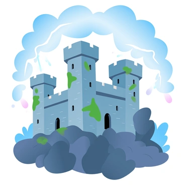 An ancient castle with tall stone towers is perched atop a hill. The castle has a weathered appearance, with moss and vines creeping up its walls. A powerful lightning strike illuminates the structure, casting dramatic shadows across the stone surface. The sky above is dark, filled with swirling clouds, enhancing the contrast of the lightning's brightness. The surrounding landscape is rugged, with hints of trees and rocky outcrops framing the hill on which the castle stands.