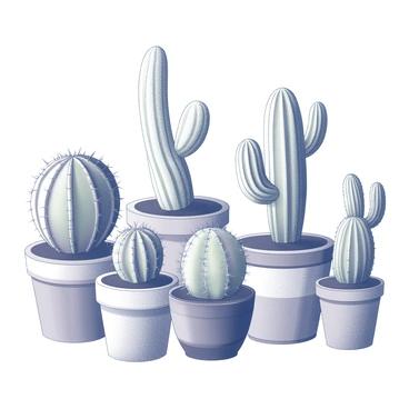 A collection of cacti plants displayed in various pots. Each pot has a distinct design, showcasing different patterns and textures. The cacti vary in size and shape, with some featuring tall, slender columns while others are short and round. Each plant has unique spines and surface textures, contributing to an overall lively composition. The arrangement suggests a cheerful gathering of these desert life forms, with some pots positioned at different heights for added visual interest.