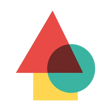A red triangle is overlapping with a teal circle and a yellow square, creating a layered composition. The triangle has sharp edges and points, while the circle is smooth and rounded. The square sits beneath the other shapes, adding a contrasting color and a solid base to the arrangement. The overlapping areas create interesting intersections, forming new shapes where the colors blend. The background is a subtle gradient that enhances the vibrancy of the shapes.