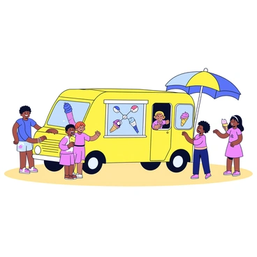 A yellow ice cream truck parked on the sand at a sunny beach. The truck has a large serving window, and colorful graphics depicting various ice cream treats. There are several children gathered around, eagerly looking at the menu and pointing at different options. Some of the kids are holding cones with colorful ice cream scoops, while others are smiling and laughing. In the background, there are umbrellas and beach towels, adding to the beach atmosphere.