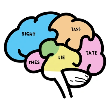 A brain illustration with regions labeled to correspond with the five senses