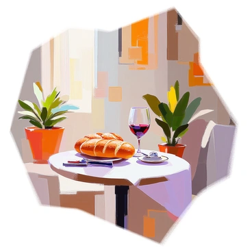 A cozy French bistro interior featuring a small round table set for dining. On the table, there is a silver fourchette resting beside a crystal wine glass filled with deep red wine. A freshly baked baguette, golden brown and crusty, is placed on a small white plate. The warm ambiance is enhanced by soft lighting that casts gentle shadows, and the walls are adorned with rustic decor elements such as vintage posters and wooden accents. A few potted plants are situated in the corners, adding a touch of greenery to the inviting space.