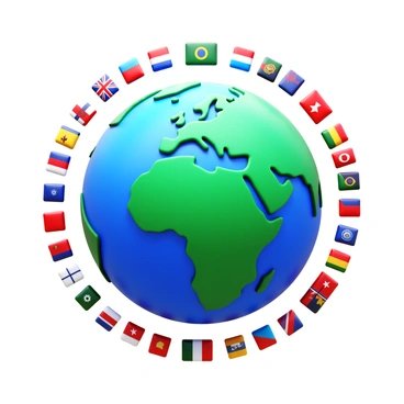 A 3D globe featuring vibrant blue oceans and green continents. Surrounding the globe are multiple small, colorful flags, each representing different countries. The flags vary in size and design, showcasing a mix of colors and symbols. The arrangement of the flags creates a dynamic, festive appearance around the globe, emphasizing diversity and unity among nations.