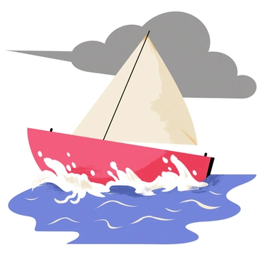 A small boat with a bright red hull navigates through stormy seas. Dark, ominous gray clouds fill the sky above, while powerful waves crash around the boat, splashing water high into the air. The boat's sail is tattered and billowing, showing the force of the wind as it battles against the churning ocean. The surface of the water is tumultuous, with foamy white crests on the waves highlighting the intensity of the storm.