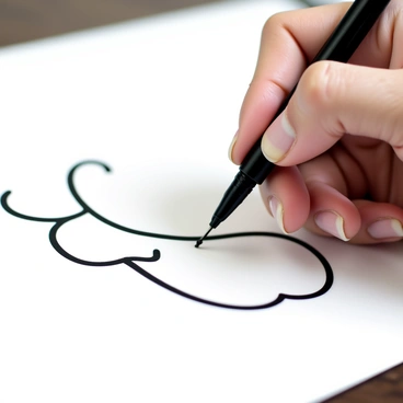 A close-up of a hand holding a fine-tipped pen, creating intricate line work on a white canvas. The hand is positioned with fingers delicately gripping the pen, showcasing the skin texture and details. The canvas surface displays a variety of curves and shapes being drawn, with some lines still in progress and others fully formed. The background is blurred to emphasize the hand and the drawing process.