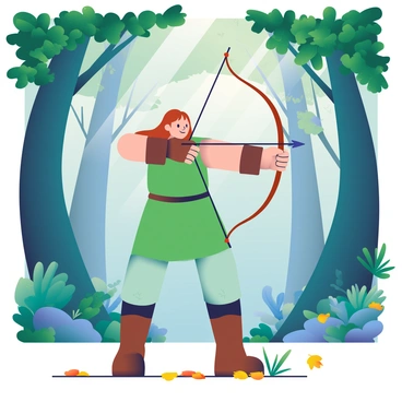 An archer standing in a dense forest, aiming an arrow at an unseen target