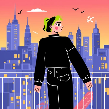 A young woman with green and black hair, styled in a casual manner, stands on a balcony. She is wearing oversized clothing, with a long black shirt and baggy pants. Her expression is thoughtful as she gazes out at a vibrant cityscape filled with tall buildings, glowing lights, and busy streets below. The sky is transitioning from orange to deep blue, indicating the onset of twilight. Several birds can be seen flying in the distance, adding to the lively atmosphere of the city.
