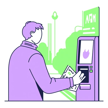 A person is standing in front of an ATM machine, preparing to make a deposit. The individual has short hair and is wearing a blue jacket, with their face focused on the screen of the ATM. In their right hand, they are holding several banknotes, which they are about to insert into the cash slot. The ATM machine has a keypad and a card slot visible on its front. The background features a city sidewalk, with a few trees and buildings in the distance.