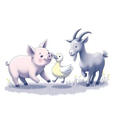 A pig, a duck, and a goat are playing together in a meadow. The pig has a round body and short legs, with its ears perked up in excitement. The duck, with a rounded body and flapping wings, is waddling beside the pig while quacking playfully. The goat stands on the other side, with its curved horns prominent and a curious expression on its face. The meadow is filled with tall grass and a few scattered wildflowers, creating a lively setting for their playful interactions. The sun casts a soft light over the scene, illuminating the animals as they engage in their joyful play.