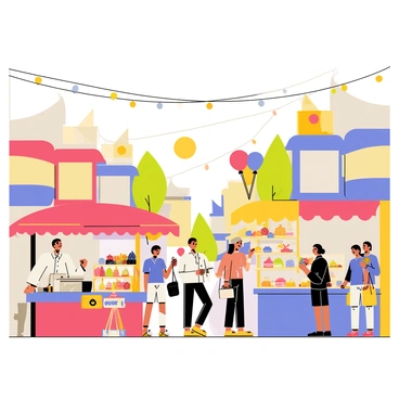 A bustling street filled with a variety of colorful food stalls. Each stall features vibrant canopies in red, yellow, and blue. People are gathered around the stalls, enjoying various dishes. A vendor behind a stall is grilling skewers, releasing smoke into the air. Another stall displays an array of brightly colored desserts, with customers admiring the selection. Balloons are floating above the crowd, adding to the festive atmosphere. Strings of lights are crisscrossing overhead, illuminating the scene as the sun begins to set.