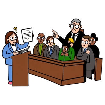 A courtroom scene with wooden benches and a judge's podium. In the foreground, a surprised light-skinned woman with big eyes stands at the witness stand, holding a document. She is wearing a blue blazer and has long brown hair. In the background, a light-skinned man with big eyes and glasses, dressed in a dark suit, looks astonished as he points towards the piece of evidence. The jury is visible, with several members leaning forward in disbelief. The judge, an older man with gray hair and big eyes, raises an eyebrow while looking at the evidence. The atmosphere is tense as the surprising piece of evidence is revealed to the room.