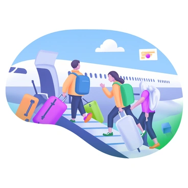 Travelers boarding an airplane with their carry-on luggage under a clear blue sky