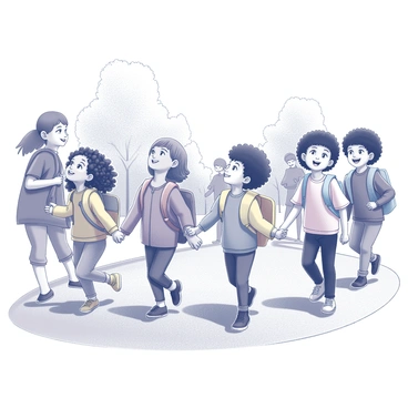 A group of children walking in pairs, each pair holding hands. The children are wearing colorful backpacks and smiling as they walk on a paved path. They are of diverse ethnic backgrounds, showcasing a mix of hair styles such as curly, straight, and braided. Some children are looking up curiously, while others are focused on the path ahead. The scene captures the energy and excitement of a daycare field trip, with a few adults in the background supervising the group. There are trees lining the path, creating a natural setting for their outing.