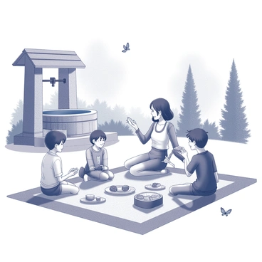 A family having a picnic near a well in a sunny park