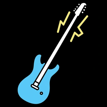 An electric guitar is positioned at an angle, with the body facing the ground and the neck extended upwards. The guitar is a deep blue color with a glossy finish. Lightning bolts, depicted in bright yellow and white, are depicted emanating from the strings, sharply contrasting against the dark backdrop. The scene captures the dynamic energy, with the bolts extending outward, creating a sense of motion and power.