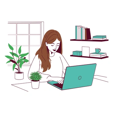 A white woman with long brown hair is sitting at a sleek, minimalistic desk in a bright and airy home office space. She is focused on her open teal laptop, with her fingers poised over the keyboard. The desk is clear except for a small green plant in a white pot beside the laptop. Behind her, there are neatly arranged floating shelves filled with a few books and decorative items, all against a soft white wall. A large window allows natural light to fill the room, casting a warm glow around her.