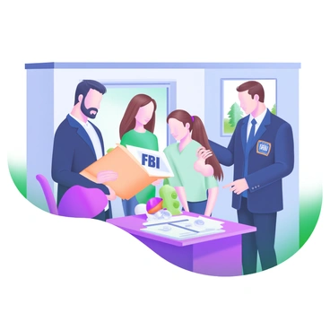 A scene depicting a family of four standing in a small office. The father, wearing a navy blue jacket, is holding a folder with the new identities. The mother, in a light green blouse, is looking at the folder with a mix of hope and concern. Their teenage daughter, with brown hair in a ponytail, is glancing at her younger brother, who is wearing a red cap and holding a toy. An FBI agent, dressed in a black suit, stands across the table, pointing at the documents with a serious expression. The walls are pale blue, and a window shows a hint of trees outside.