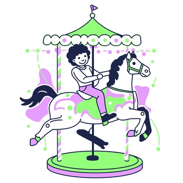 A young child with curly hair is riding a horse on a vintage carousel. The horse is decorated with intricate patterns and vibrant colors, featuring an ornate saddle and a flowing mane. The carousel itself has a circular platform, adorned with whimsical designs and twinkling lights that illuminate the scene. Surrounding the carousel, there are poles with colorful stripes, and other horses are seen in motion, adding to the lively atmosphere. The child is smiling joyfully, grasping the reins as the carousel spins gently.