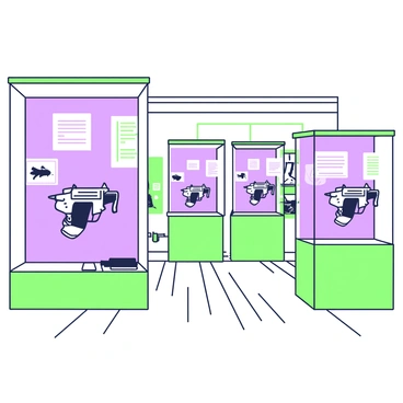 An exhibition room in a museum featuring several glass cases. Each case displays a different type of machine gun, arranged neatly inside. The guns have various designs and sizes, and their metal surfaces reflect the ambient lighting. The room has a polished wooden floor and neutral-colored walls, decorated with informative plaques next to each display. In the background, there are additional exhibits visible, including historical artifacts and informational posters. The overall atmosphere is one of focus on the displayed items.