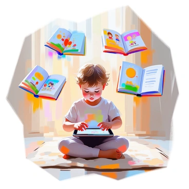 A young child with curly hair and bright eyes is sitting cross-legged on a soft rug, intensely focused on an interactive tablet in their hands. The tablet displays colorful digital books with engaging illustrations. Surrounding the child, there are several open digital books floating above the rug, showcasing vibrant pages filled with characters, numbers, and interactive elements. The room is bright and inviting, with sunlight filtering through a nearby window, casting a warm glow over the scene. The child’s expression conveys curiosity and excitement as they touch the screen, exploring the learning content.