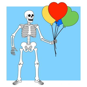 A playful skeleton with a cheerful smile is holding a vibrant bouquet of colorful helium balloons. The skeleton's bones are white and slightly glossy, contrasting against a bright blue background. The balloons are in various shapes, including round and heart-shaped, and they feature colors such as red, yellow, blue, and green. The skeleton's bony fingers wrap around the balloon strings, which sway gently as they float upwards. The scene captures a whimsical sense of joy and lightness, with the skeleton appearing delighted in this lighthearted moment.